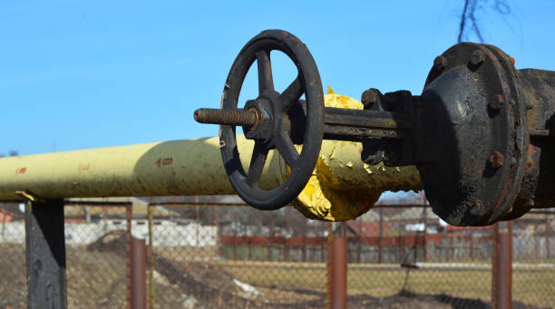 Natural gas pipeline transport. A close-up of natural gas pipeline network with valves.