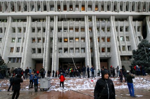 People protesting against the results of a parliamentary election stand in front of the government headquarters which has been taken over in Bishkek, Kyrgyzstan, October 6, 2020.,Image: 561636788, License: Rights-managed, Restrictions: , Model Release: no, Credit line: VLADIMIR PIROGOV / Reuters / Forum