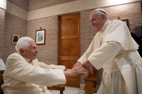 Pope Francis greets Pope Emeritus Benedict XVI during a meeting following a consistory ceremony to install 13 new cardinals, at the Vatican, November 28, 2020.     ATTENTION EDITORS - THIS IMAGE WAS PROVIDED BY A THIRD PARTY.,Image: 572010081, License: Rights-managed, Restrictions: THIS IMAGE HAS BEEN SUPPLIED BY A THIRD PARTY. IT IS DISTRIBUTED, EXACTLY AS RECEIVED BY REUTERS, AS A SERVICE TO CLIENTS., Model Release: no, Credit line: VATICAN MEDIA / Reuters / Forum