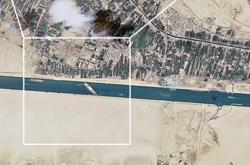 A satellite image shows the Suez Canal blocked by the stranded container ship Ever Given in Egypt March 25, 2021, in this image obtained from Twitter page of Director General of Dmitry Rogozin. Picture taken March 25, 2021.   ATTENTION EDITORS - THIS IMAGE HAS BEEN SUPPLIED BY A THIRD PARTY. MANDATORY CREDIT. THIS IMAGE WAS PROCESSED BY TO ENHANCE QUALITY, AN UNPROCESSED VERSION HAS BEEN PROVIDED SEPARATELY.,Image: 601411008, License: Rights-managed, Restrictions: MANDATORY CREDIT 
THIS IMAGE HAS BEEN SUPPLIED BY A THIRD PARTY. IT IS DISTRIBUTED, EXACTLY AS RECEIVED BY REUTERS, AS A SERVICE TO CLIENTS., Model Release: no, Credit line: ROSCOSMOS / Reuters / Forum