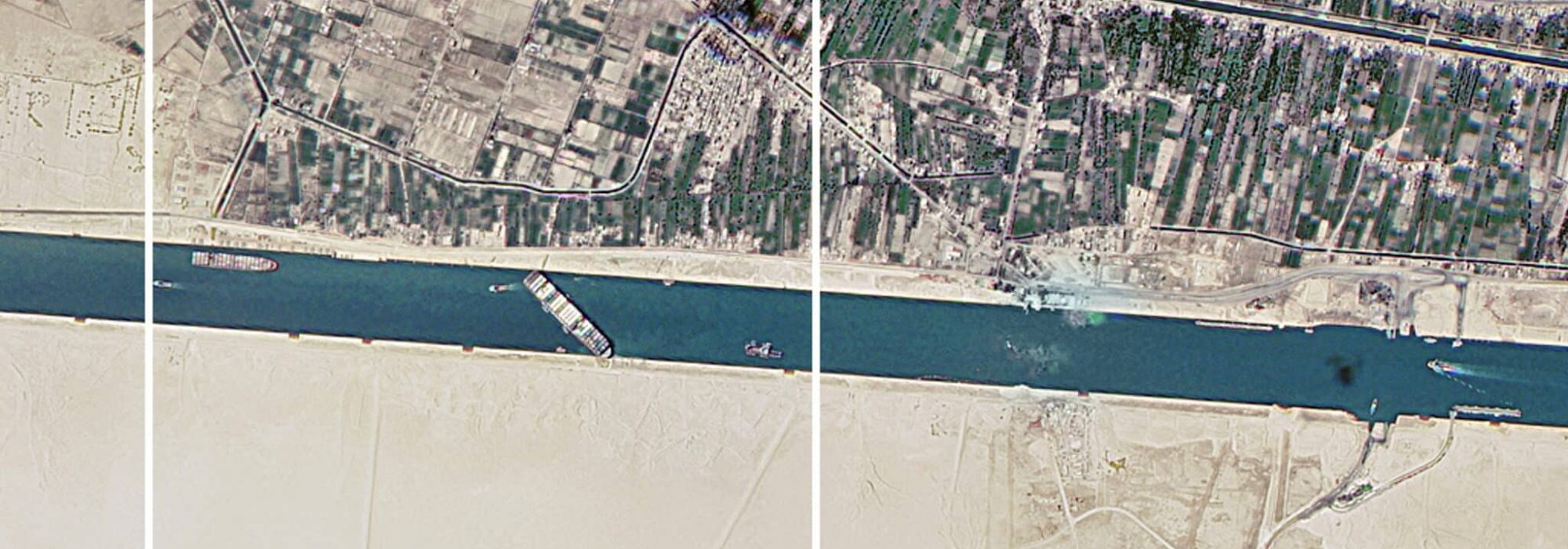 A satellite image shows the Suez Canal blocked by the stranded container ship Ever Given in Egypt March 25, 2021, in this image obtained from Twitter page of Director General of Dmitry Rogozin. Picture taken March 25, 2021.   ATTENTION EDITORS - THIS IMAGE HAS BEEN SUPPLIED BY A THIRD PARTY. MANDATORY CREDIT. THIS IMAGE WAS PROCESSED BY TO ENHANCE QUALITY, AN UNPROCESSED VERSION HAS BEEN PROVIDED SEPARATELY.,Image: 601411008, License: Rights-managed, Restrictions: MANDATORY CREDIT 
THIS IMAGE HAS BEEN SUPPLIED BY A THIRD PARTY. IT IS DISTRIBUTED, EXACTLY AS RECEIVED BY REUTERS, AS A SERVICE TO CLIENTS., Model Release: no, Credit line: ROSCOSMOS / Reuters / Forum