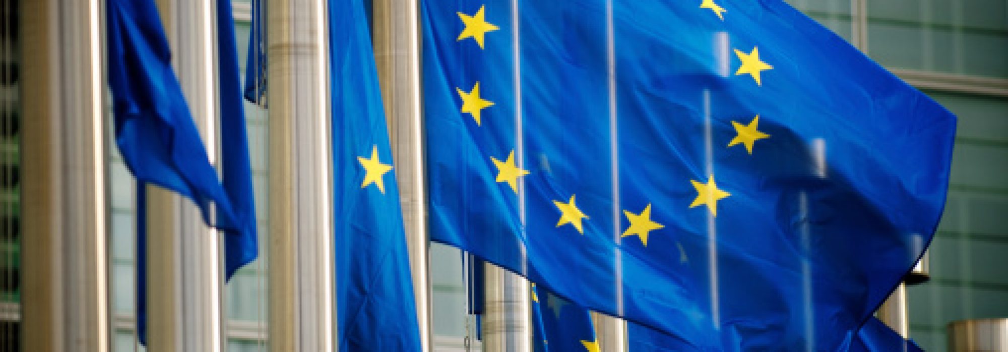 "EU flags fly in a row in front of the European Commission building in Brussels, Belgium"
